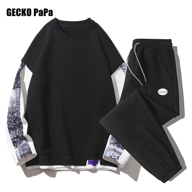 

Men's Sets 2 Piece Set Spring Autumn 2022 New Colorblock Crew Neck Pullover + Stretch Tie Sweatpants Jogging Male Sportswear