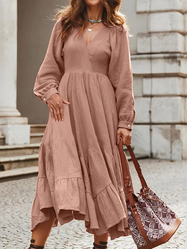 

2023 Women's Holiday Solid Maxi Dress Party Cotton Long Sleeve Dresses Elegant V Neck Robe ZANZEA Spring Bohemian Ruffle Vestido