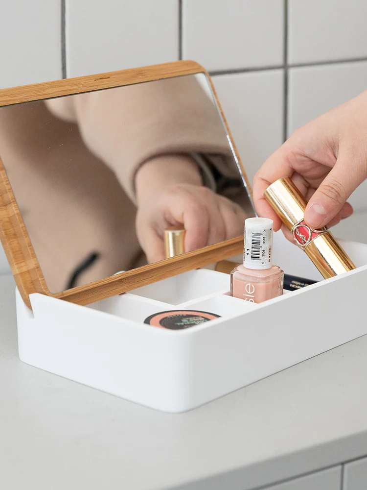 

Cosmetics storage box Nordic jewelry box Household dustproof dressing table with cover Desktop storage Makeup mirror portable