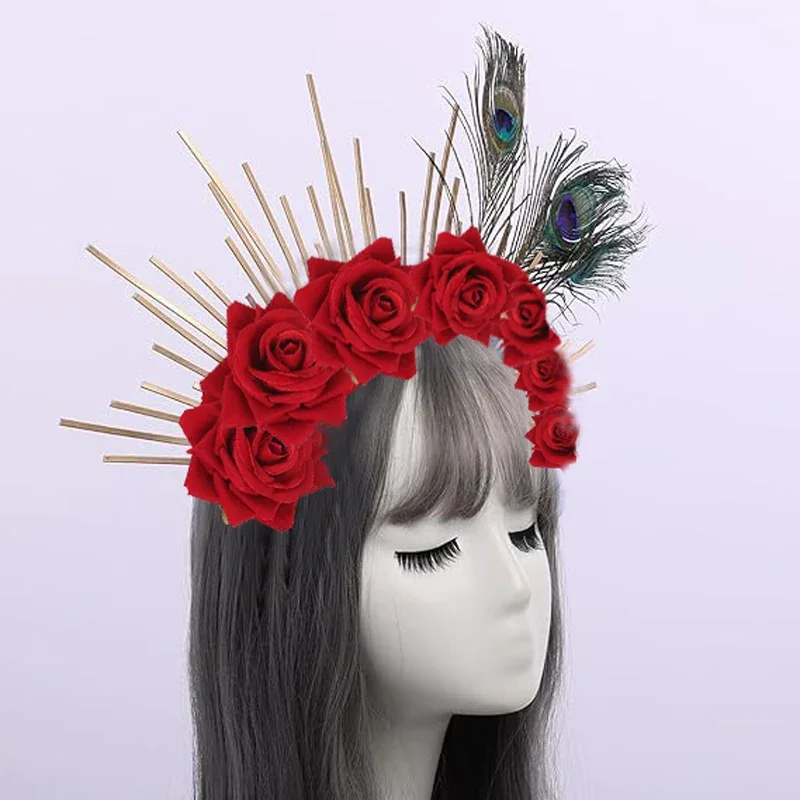 Новый золотой шип Halo Корона павлиньи перья головной убор Свадебная фототиара