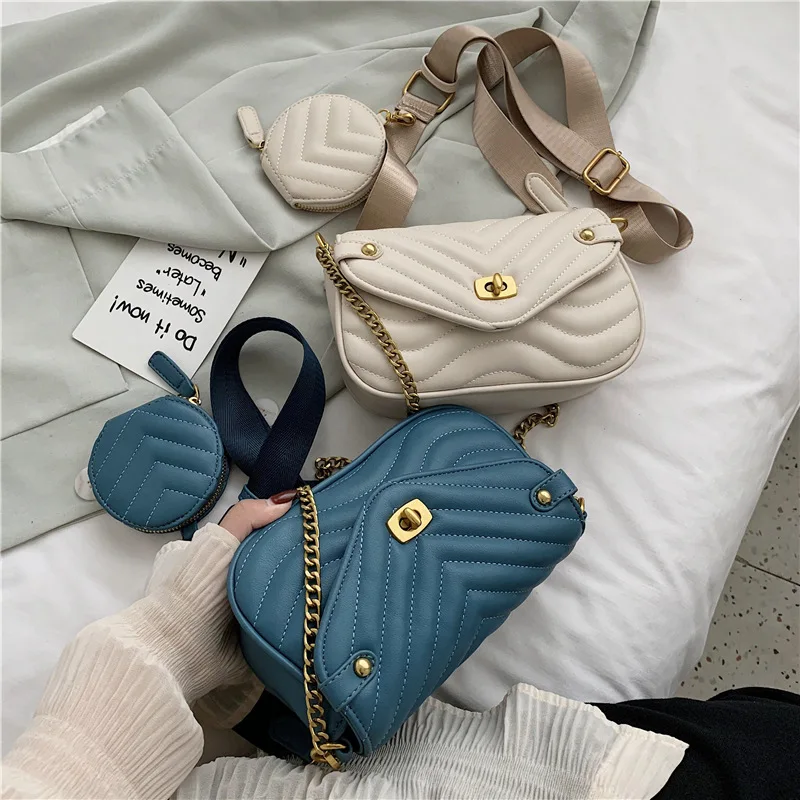 

2022 New Fashion Shoulder Messenger Bag All-Matching Wide Shoulder Strap Crossbody Bag Chain Handbag Underarm Bags