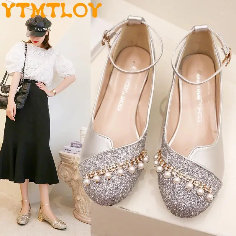 

2021 Hot Princess Shoes Pearl Sequins Low-heeled Shoes Piano Dance Performance Shoes Middle School Students Super Fire Single Sh