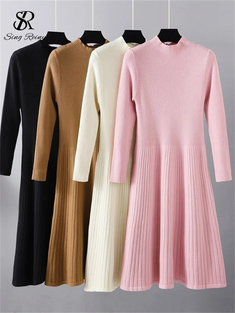 

LIRUICHENG Autumn Slim Knitted Dress Fashion Half High Collar Inside Wear Thick Sweater Elastic Casual Solid Umbrella Warm