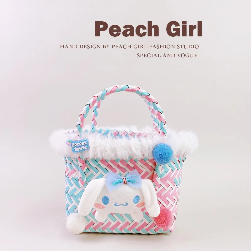

Kawaii Sanrio Cinnamoroll Kuromi My Melody Pompom Purin Cartoon Woven Vegetable Basket Handbag Shoulder Bag Christmas Toy Gift