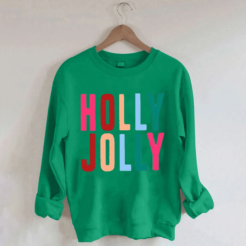 

Повседневная Толстовка с круглым вырезом и надписью Holly Jolly, Модный женский пуловер с длинными рукавами и надписью, универсальная уличная од...