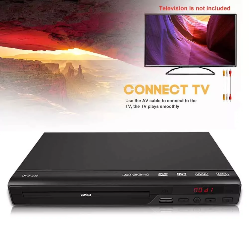 

DVD-плеер с AV-кабелем, совместим с музыкой для дома, HD 1080P, для ТВ 5,1, объемный звук, фильмы, медиа, все регионы, бесплатное видео