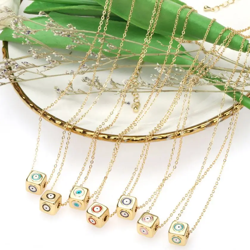 

Простое Ожерелье с бусинами для женщин, Подарочная цепочка с квадратными эмалированными турецкими синими глазами, до ключиц, вечерняя и сва...