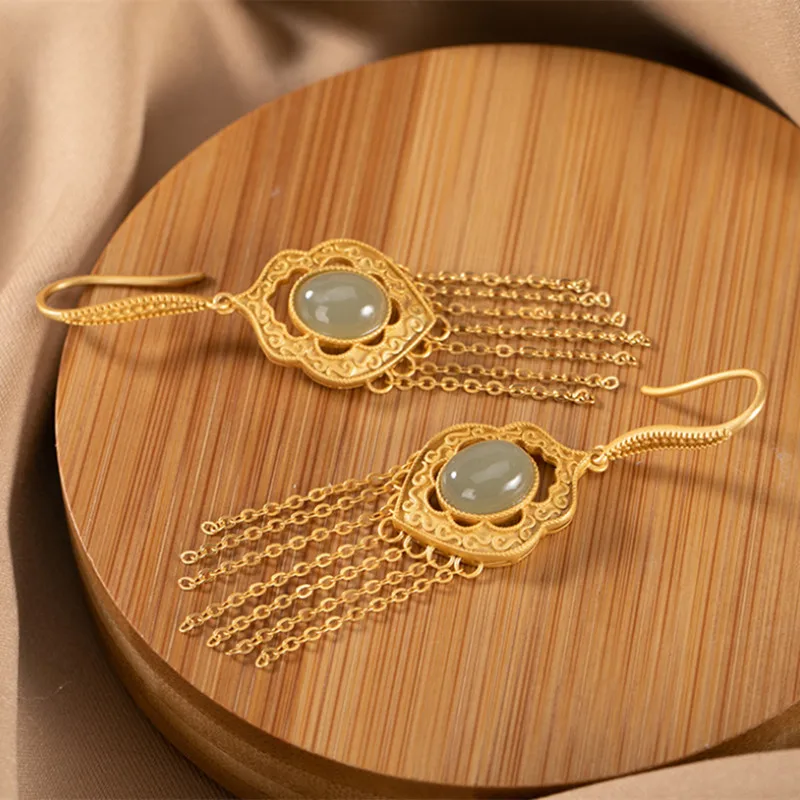 

Uglyless Gold Multi Chains Ethnic Tassels Earrings for Women Natural Jade Vintage Dress Earrings 925 Silver Brincos Jewelry Gems