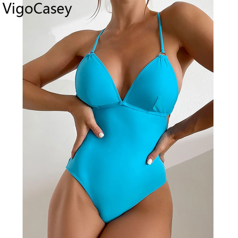 

VigCasey 2022 Solid Strapped Swimwear Women Sexy Push Up High Cut One Piece Swimsuit Monokini Backless Cross Hollow Bathing Suit