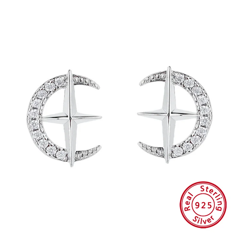 

1 Pair Charm 925 Sterling Silver Ear Studs for Women Fine Jewelry Fashion Moon and Star Luxury Earrings