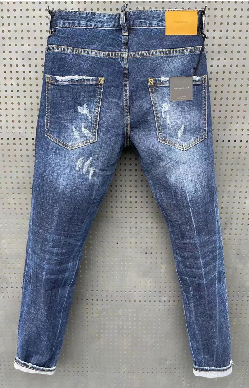 New Tattered Splashed Paint Mens Jeans Slim Fitting Patch Elastic Jeans Blue Tight Beggar Pants for Men