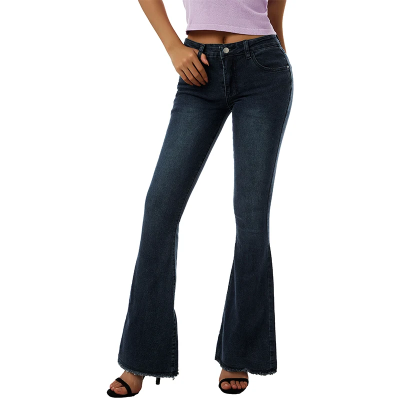 

New Women Casual Jeans Elastic Low Waist Flared Pants Solid Color Skinny Stretch Trousers for Female