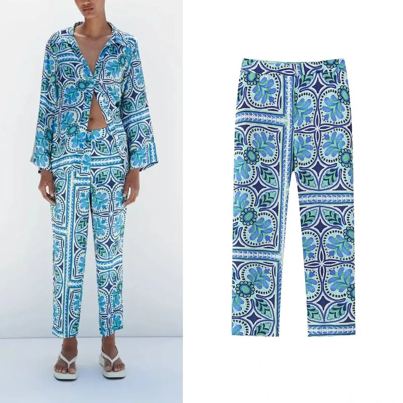 

TRAF Women Printed Cropped Trousers Mid Waist Elastic Waistband Design Fashion Female Pants Casual 2023 Summer New Shirts Pants