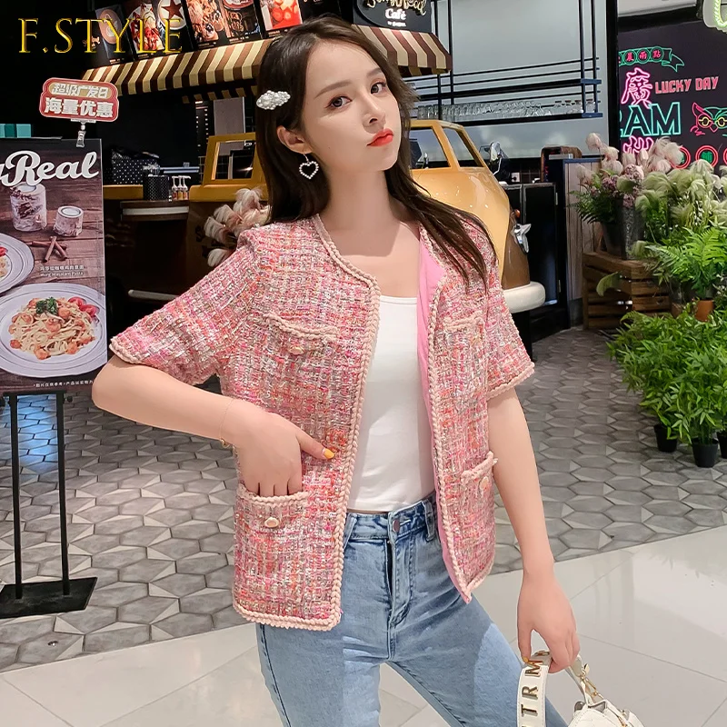 

Women Pink Tweed Jackets Coat Korean Loose Large Sizes Single Breasted Weave Female New Fashion Vintage Outerwear