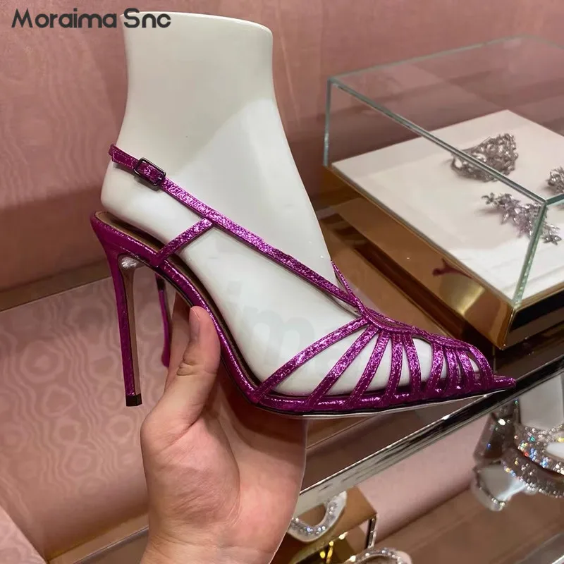 Summer Rhine-Drill Cross-Strap Sandals Fuchsia Black Pointed Stiletto Sandals Sexy Large Size Fashion Hollow Out Women's Pumps