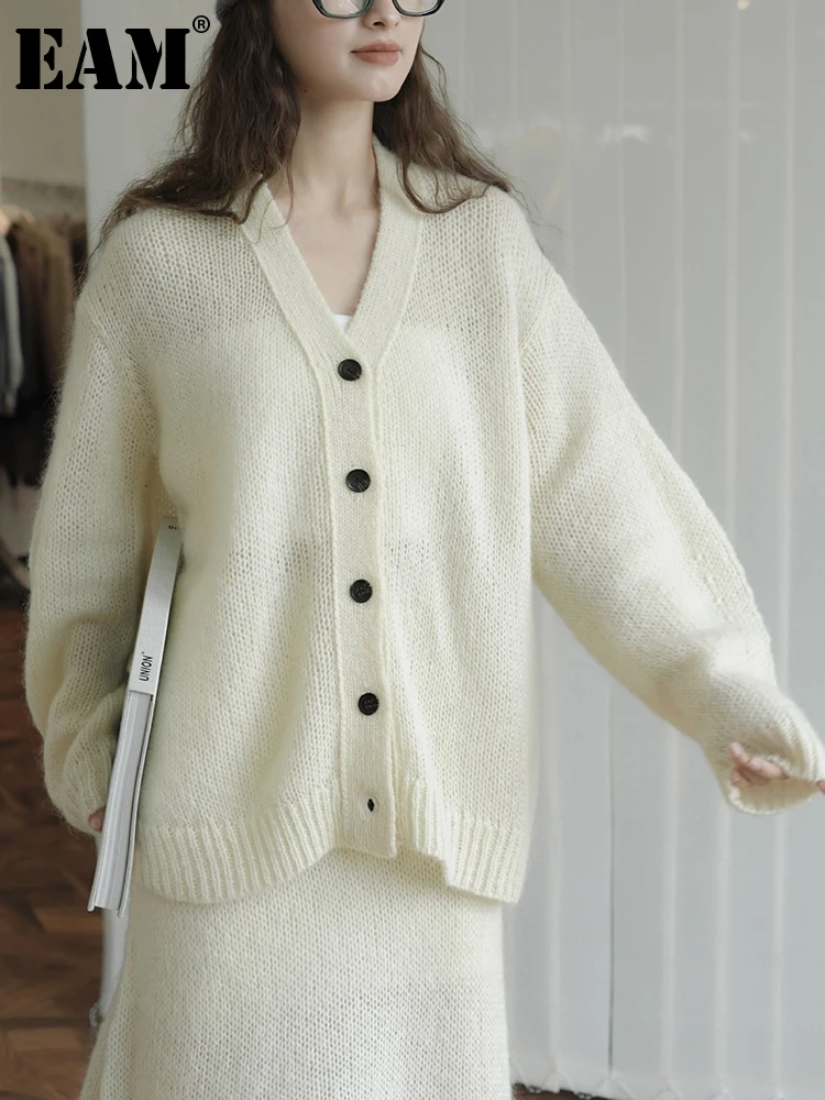 

[EAM] Желтый Вязаный Кардиган большого размера, свитер, свободный крой, v-образный вырез, длинный рукав, Женская Новая мода, весна-осень 20231DH0240
