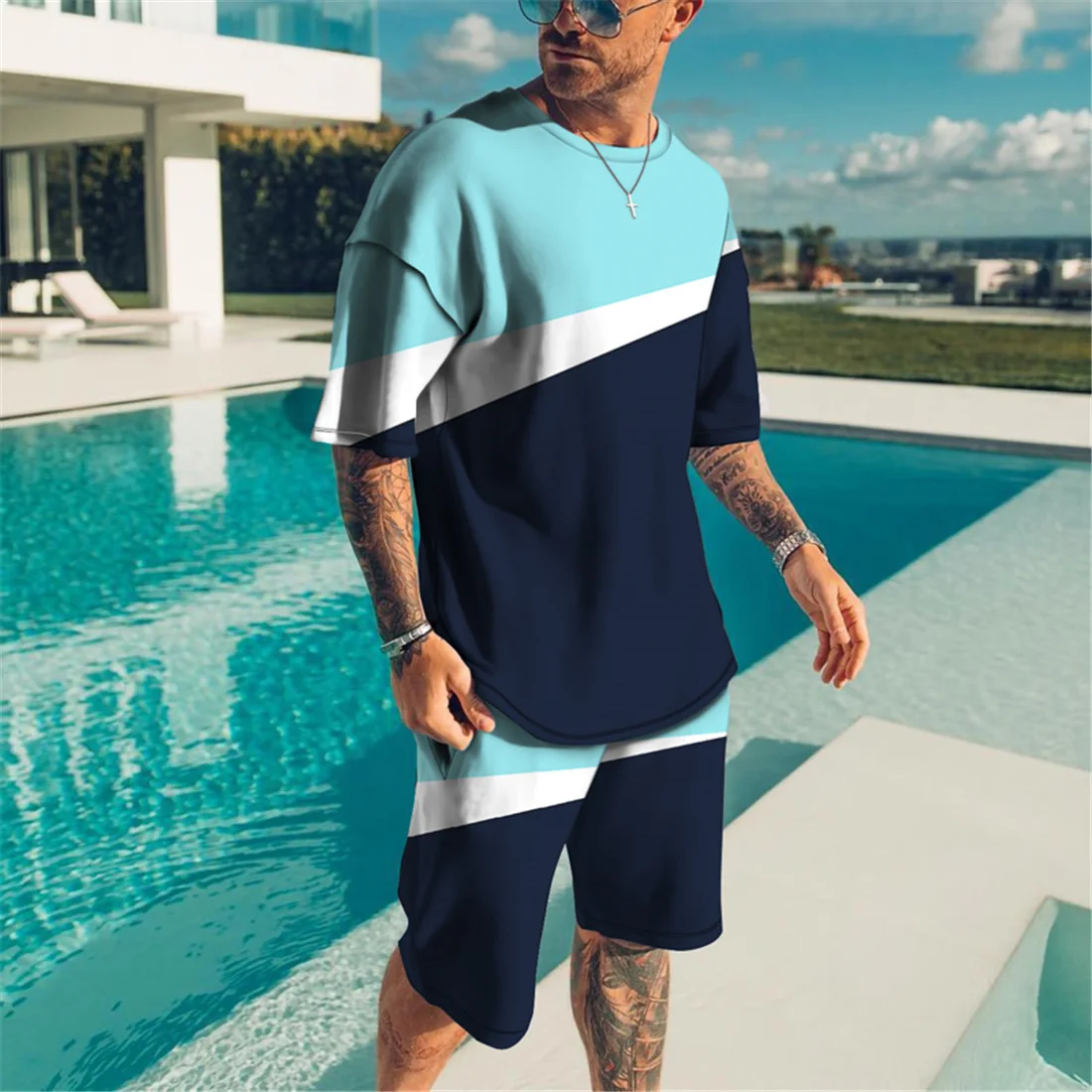 

New Men's Sportswear Summer Suit Men's Fitness Wear Sports Suit Short Sleeve 3D Printing T-Shirt Shorts Quick Dry 2 Piece Set