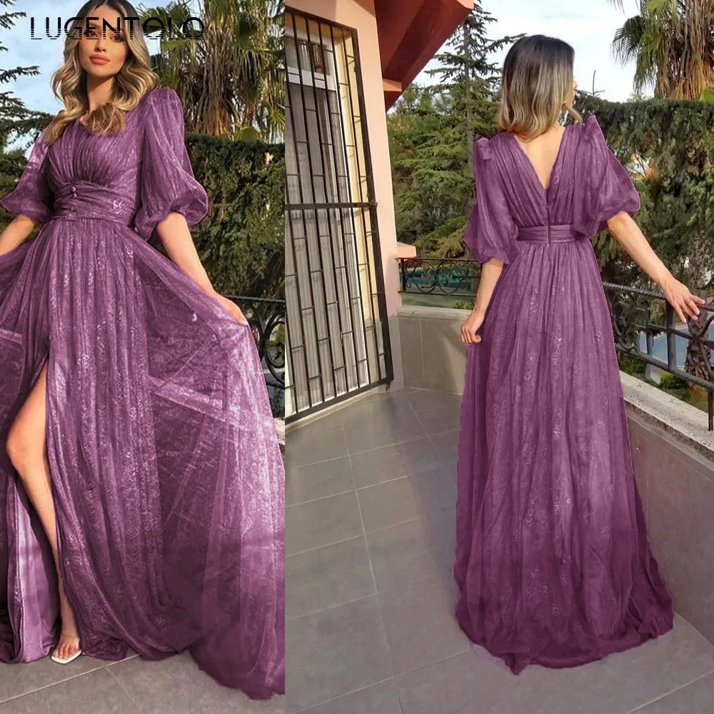 

Женское вечернее платье с V-образным вырезом, кружевные сетчатые платья с высокой талией, женское элегантное весеннее длинное платье розового, фиолетового цветов