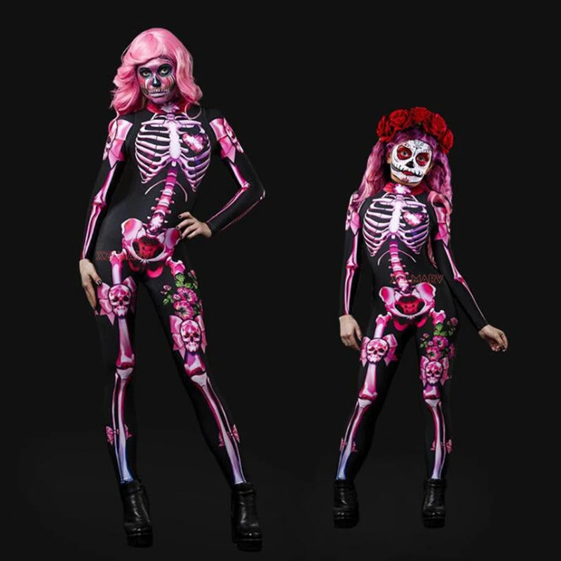 2022 Пурим Розовый Череп Взрослый Детский ужасный костюм Хэллоуин Косплей