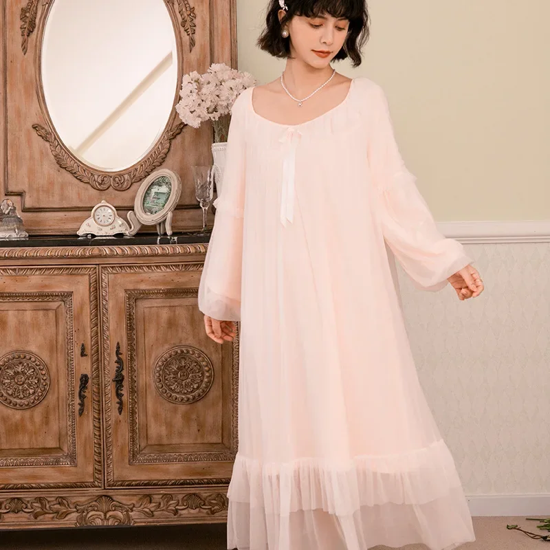 

Princess Sleepwear Women Autumn Winter Mesh Lace Peignoir Victorian Vintage Long Robe Retro Fairy Night Dress Romantic Nightgown