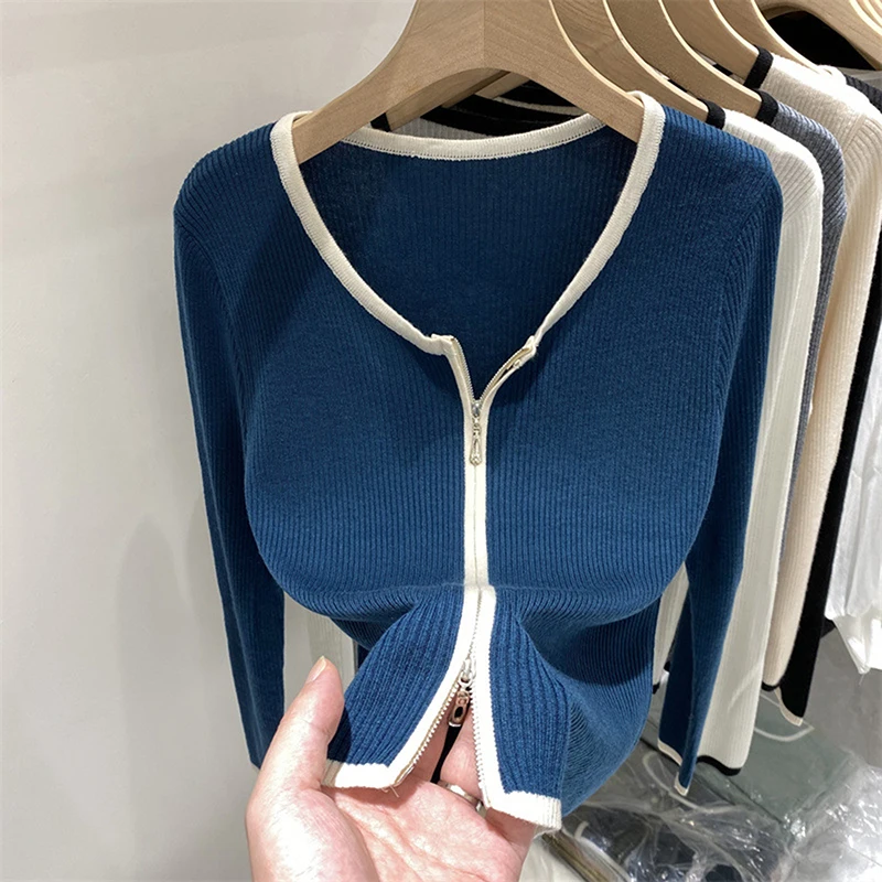 

Women's Cardigan Knitted Sweater Long Sleeve Korean 2022 Fashion O Neck Solid Fashion Elegant Zipper Cardigan Knitted Tops