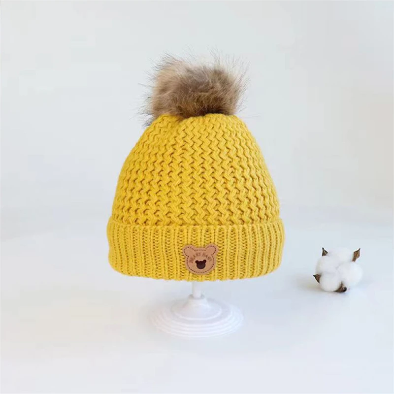 

Kids Knitted Hat For Boy Girls Pompom Cute Bear Beanies Warm Double Layered Plush Crochet Bonnet Winter Ear Protection Gifts