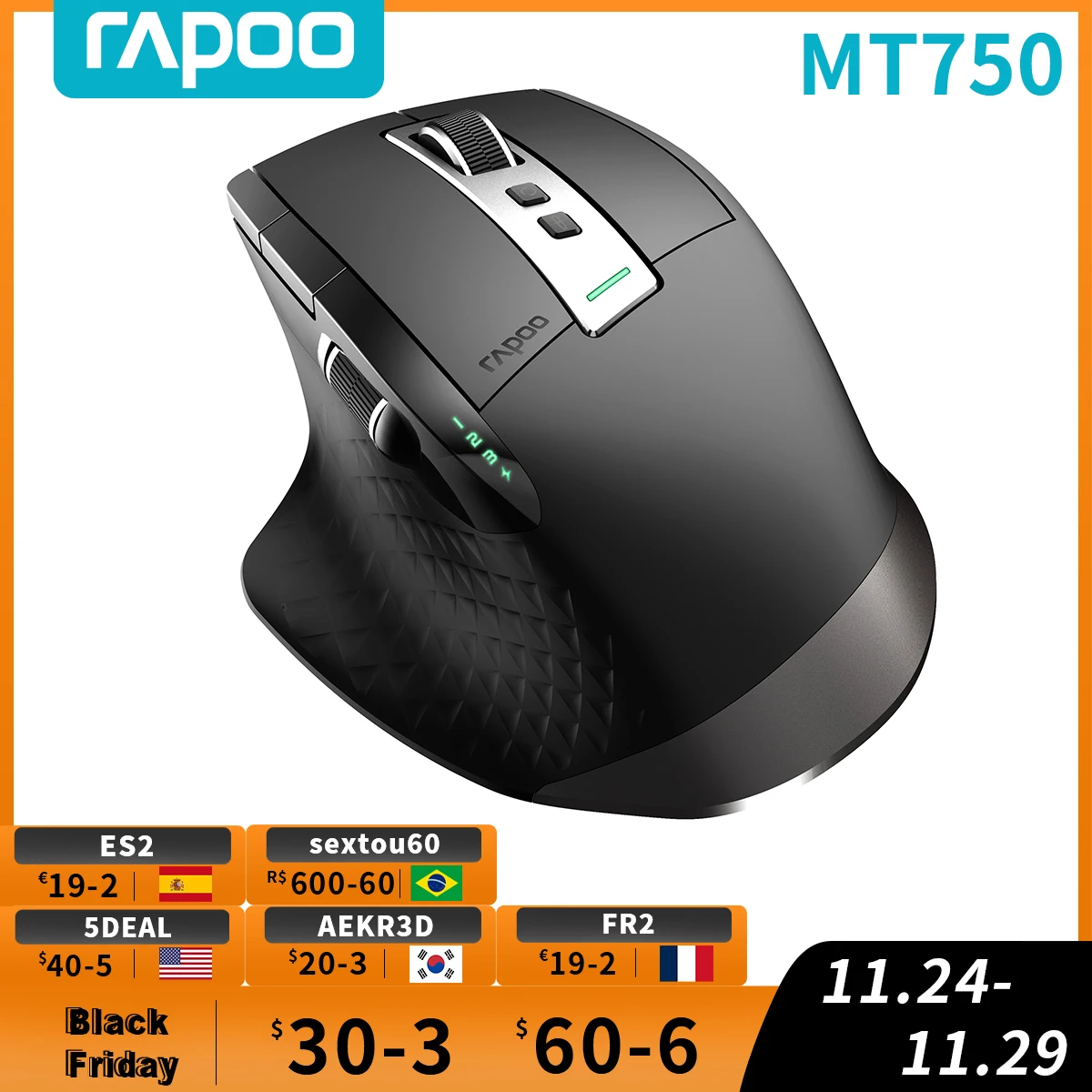 Rapoo MT750 Multi-mode Rechargeable Wireless Mouse Ergonomic 3200 DPI Bluetooth Mouse Easy-Switch Up to 4 Devices Gaming Mouse