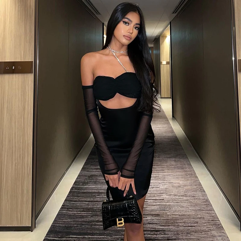 

Женское винтажное платье HEZIOWYUN, облегающее кружевное платье с лямкой на шее, с открытыми плечами и длинным рукавом, облегающее Короткое мини...