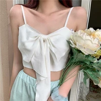 fashion sexy chic women solid crop top lady casual slim camisole bow tie knitted short female clothes bare midriff streetwear