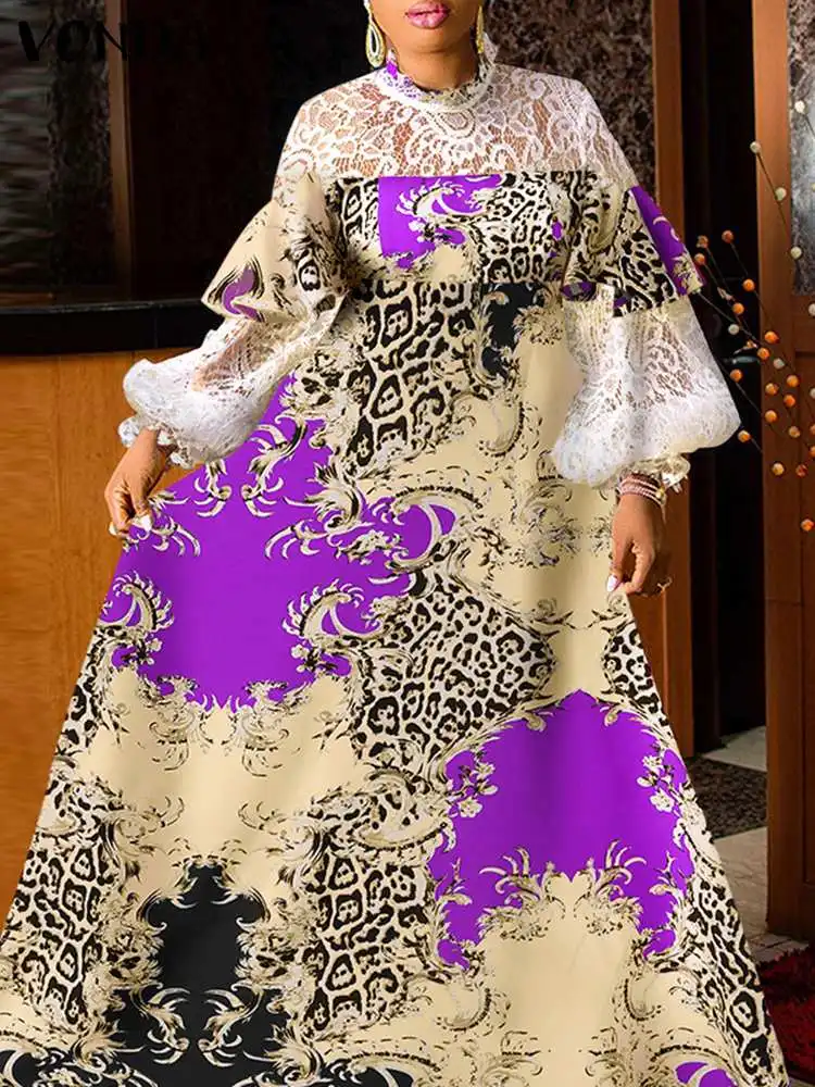 

VONDA Y2K Stylish Women Long Sleeve Printed Vestido Vintage Female Lace Patchwork Holiday Sundress Party Pleated Robe Maxi Dress