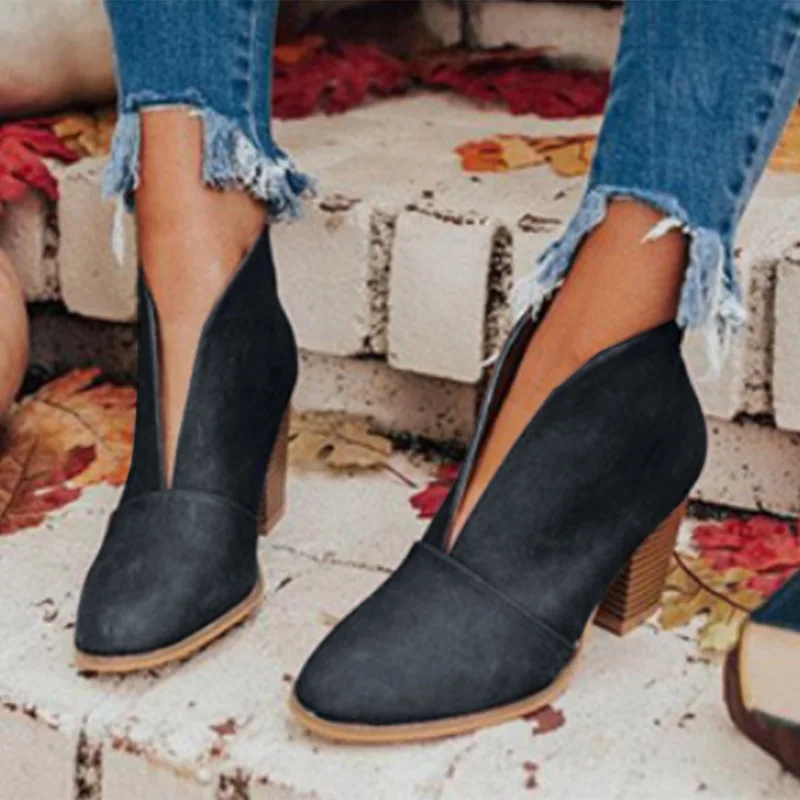 

Winter Ankle Boots Women Boots V Cutout Short Boots Stacked Heel Booties 2022 Fahsion Chelsea Boots PU Botas Zapatos Mujer