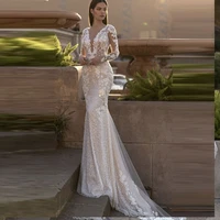 tea length v neck wedding dresses 2021 lantern long sleeve lace illusion button back custom made princess cute robe de mari%c3%a9e
