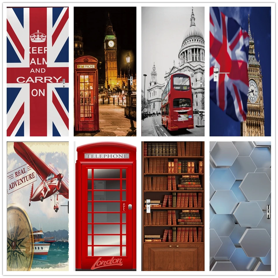 

3D Wallpaper Door Sticker UK Big Ben National Flag Wall Stickers Self Adhesive Vinyl London Platform Poster Interior doors Decor