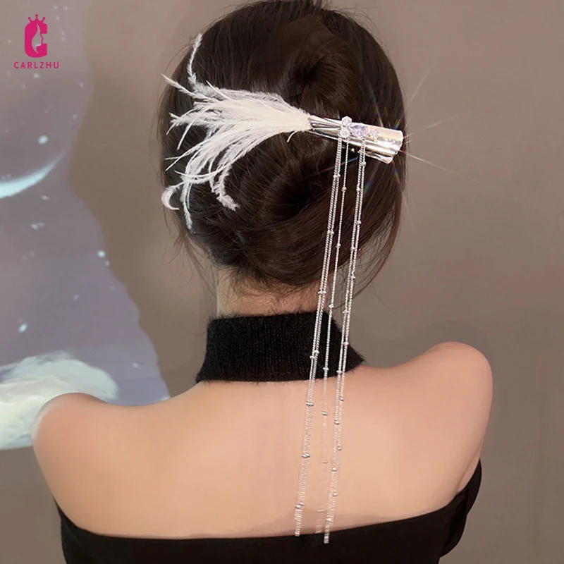 

2022 New Fashion White Feather Hairpins for Women Girls Rhinestone Long Tassel Hair Clips Barrettes Sweet Hair Accessories Gifts