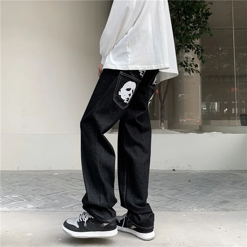 Hip Hop Printed Jeans Men Baggy Black Denim Trousers Straight Pants Spring Fashion Korean Streetwear Male Bottoms Y2K Clothes