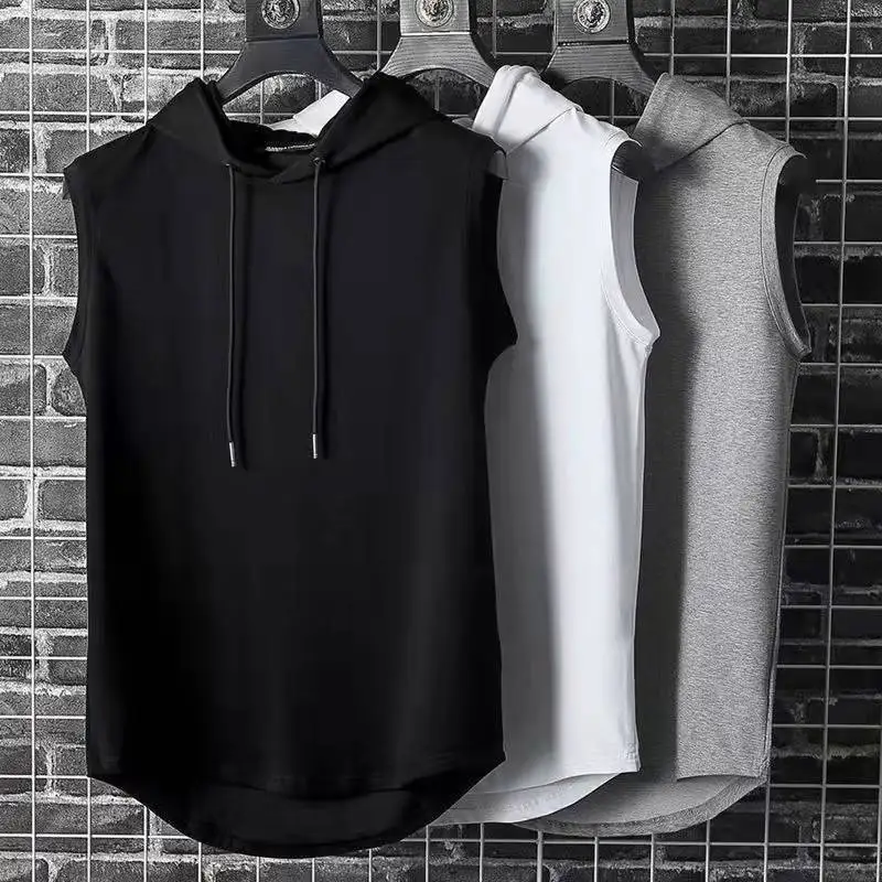 

Solid Fashion Casual Men Muscle Gym Hoodie Tank Top Korean Teenager Loose Modal Bodybuilding Sleeveless Vests Hooded Men Top