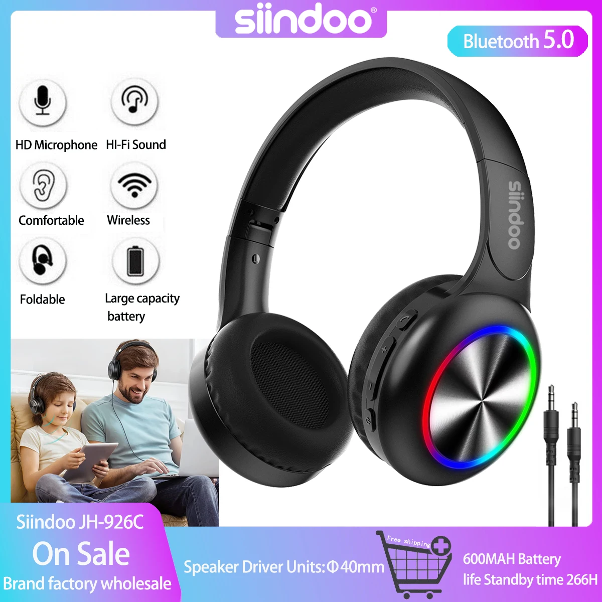 Siindoo JH-926C RGB Light Wireless Bluetooth Headphones Foldable Stereo Earphones Super Bass Noise Reduction Mic For Adult Kids