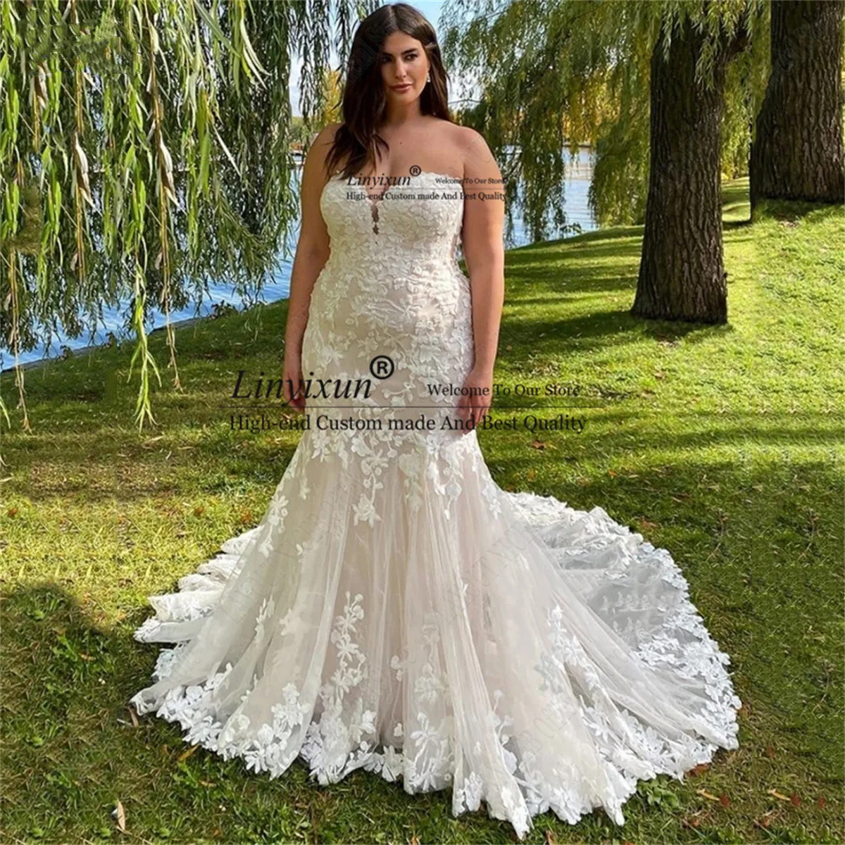 

Plus Size Mermaid Wedding Dress With Appliques Sleeveless Sweetheart Women Bridal Gown Button Back Court Train Robe De Mariée
