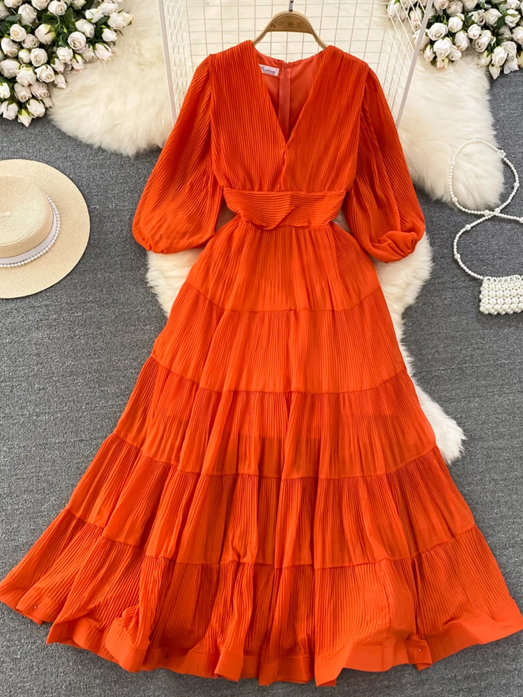 

FTLZZ Summer Vintage Women V-neck Puff Sleeve Ruffled Long Dress Casual Lady Pleated A-line Dress Fashion Chiffon Dress