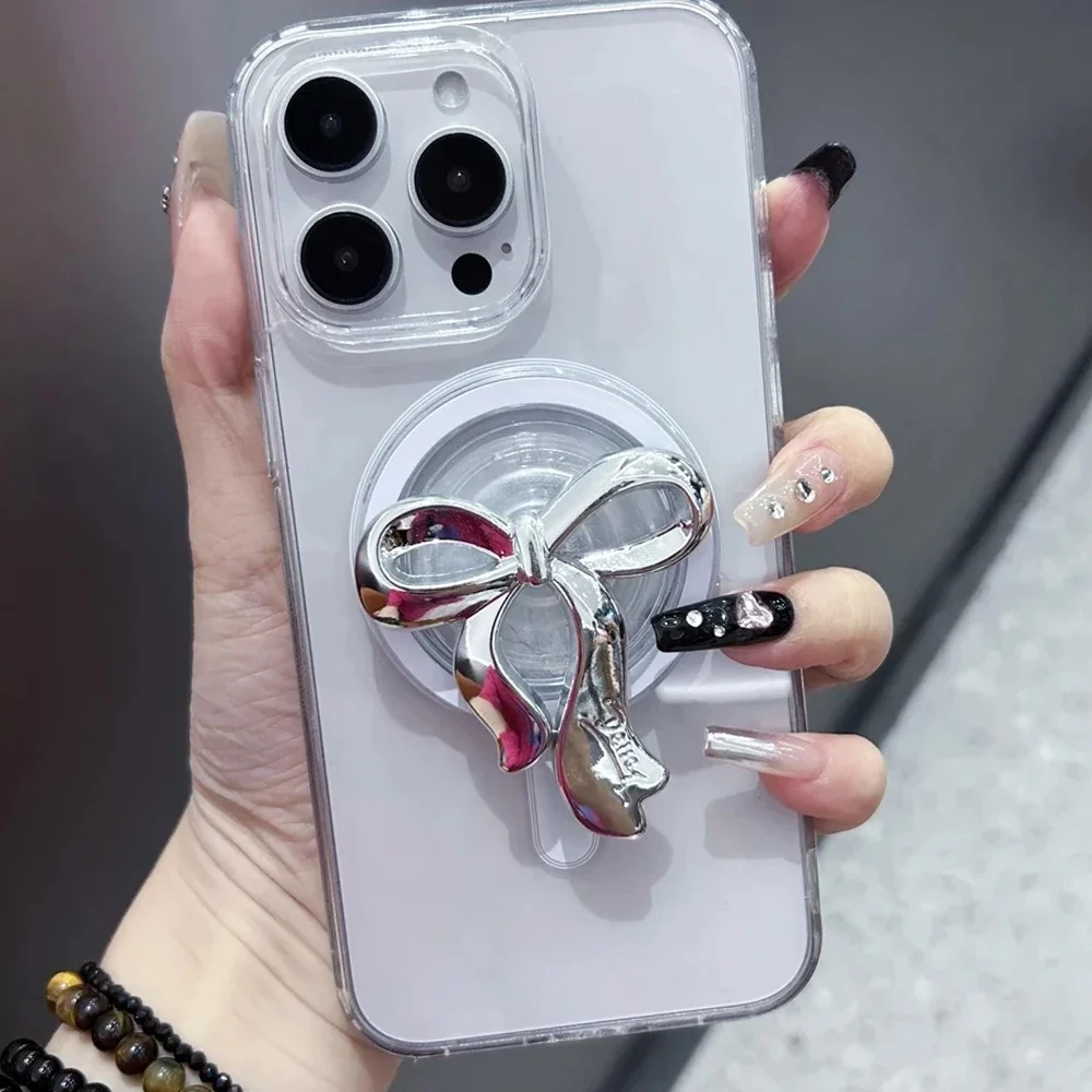 INS корейский серебряный бант для Magsafe Griptok, держатель для телефона, кольцо на палец, подставка для iPhone 16, 15, Samsung S24, кронштейн для девочек (art.: 3920cd72d1fce) - 3920cd72d1fce