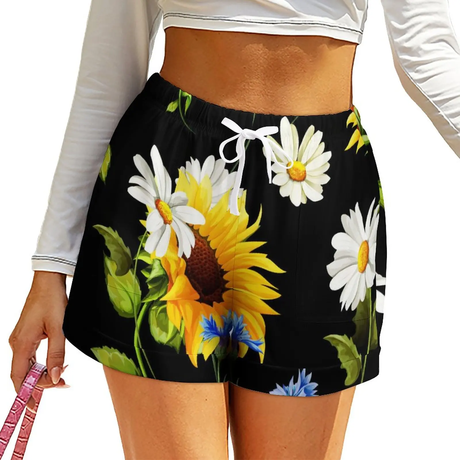 

Yellow Sunflower Shorts White Blue Flowers Print Women Sexy Shorts Daily Print Short Pants Casual Bottoms Big Size 2XL 3XL