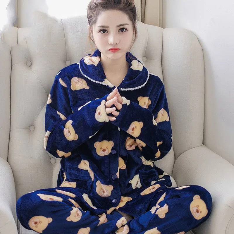 Cute Pajamas Set Casual Sleepwear For Women Warm Full Cartoon Pattern Pyjama Women's Flannel Winter Fashion Soft Homewear