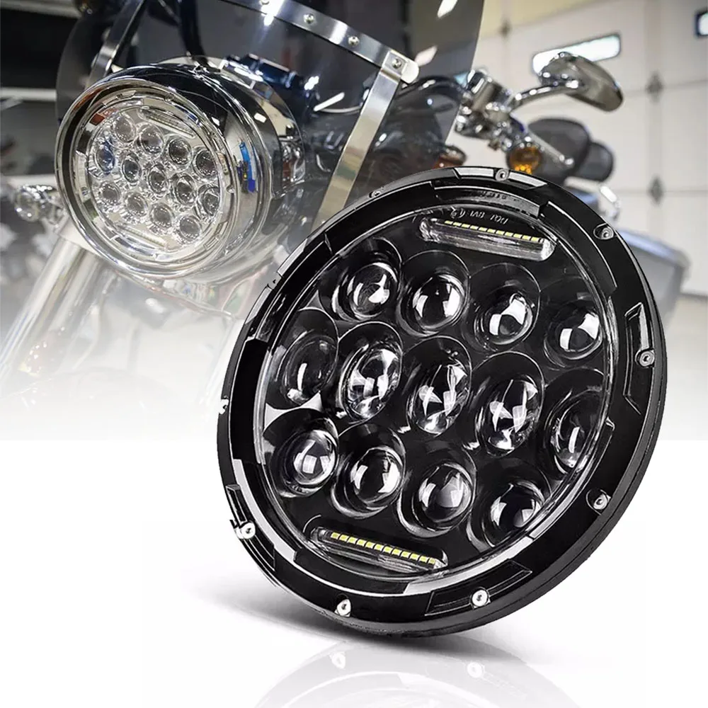 Black/Chrome 7&quot Inch H4 LED Moto Headlight For Harley Softail Slim Fat Boy 7inch Halo Angel Eye DRL DOT Led Motorcycle Headlamp |