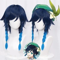 genshin impact venti cosplay unisex 50cm blue wig cosplay anime cosplay braid wigs heat resistant synthetic wigs wig cap