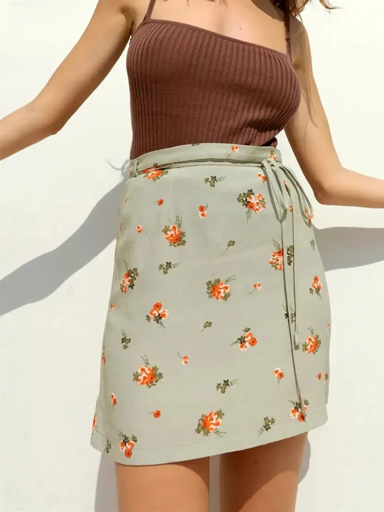 

Women's High Waist Floral Print Mini Skirt 2022 Summer All-Match Prairie Chic Female Lace-Up Short Jupes