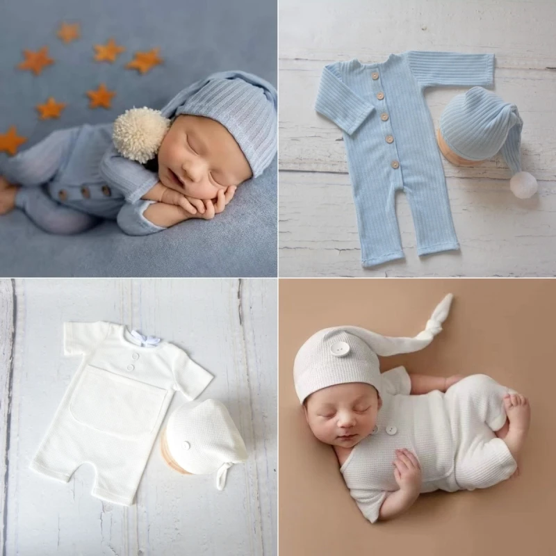 Dvotinst Newborn Photography Props Knitting Outfit Set Romper with Hat Infant Bodysuit Studio Shooting Photo Props Accessories