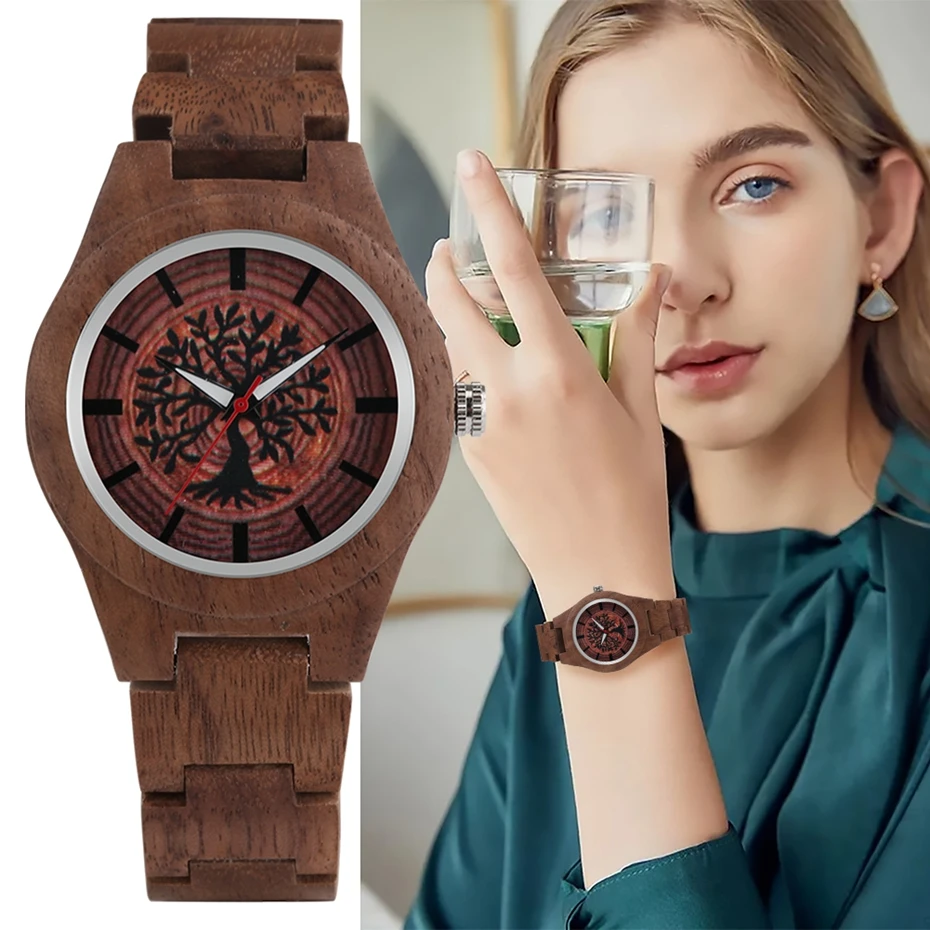 

Women's Watch Meaningful Life Tree Dial Design Wooden Watch Walnut Wood Band Wrist Retro Watches Top Brand Luxury Clock Female