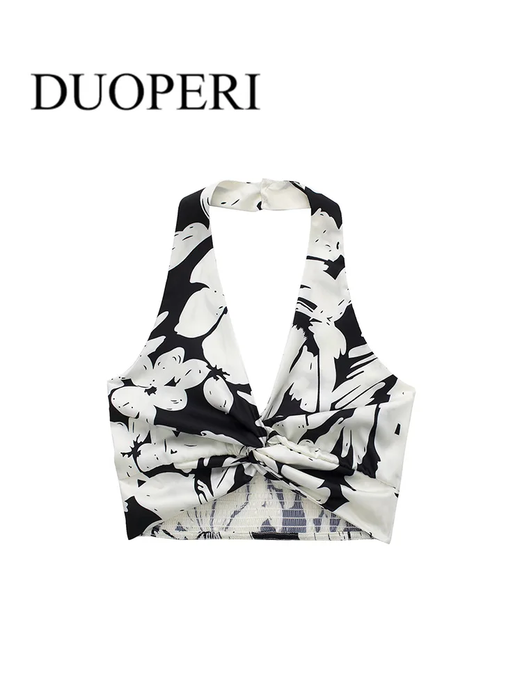 

Модный женский укороченный топ DUOPERI с принтом, повседневные эластичные женские шикарные топы с лямкой на шее y2k, женская кофта