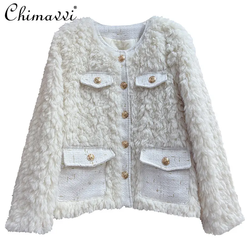 2022 Autumn and Winter Mitation Wool Fur Fur Thickened Short Coat Women Round Neck Single-Breasted Long Sleeve Top Female