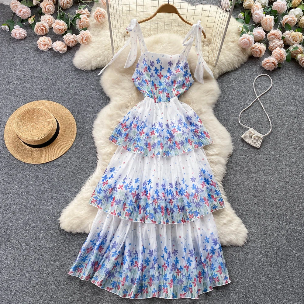 

Clothland Chic Floral Maxi Vestido Adjustable Bow Tie Straps Sleeveless Multi Layers Sleeveless Backless Long Vestidos WA103
